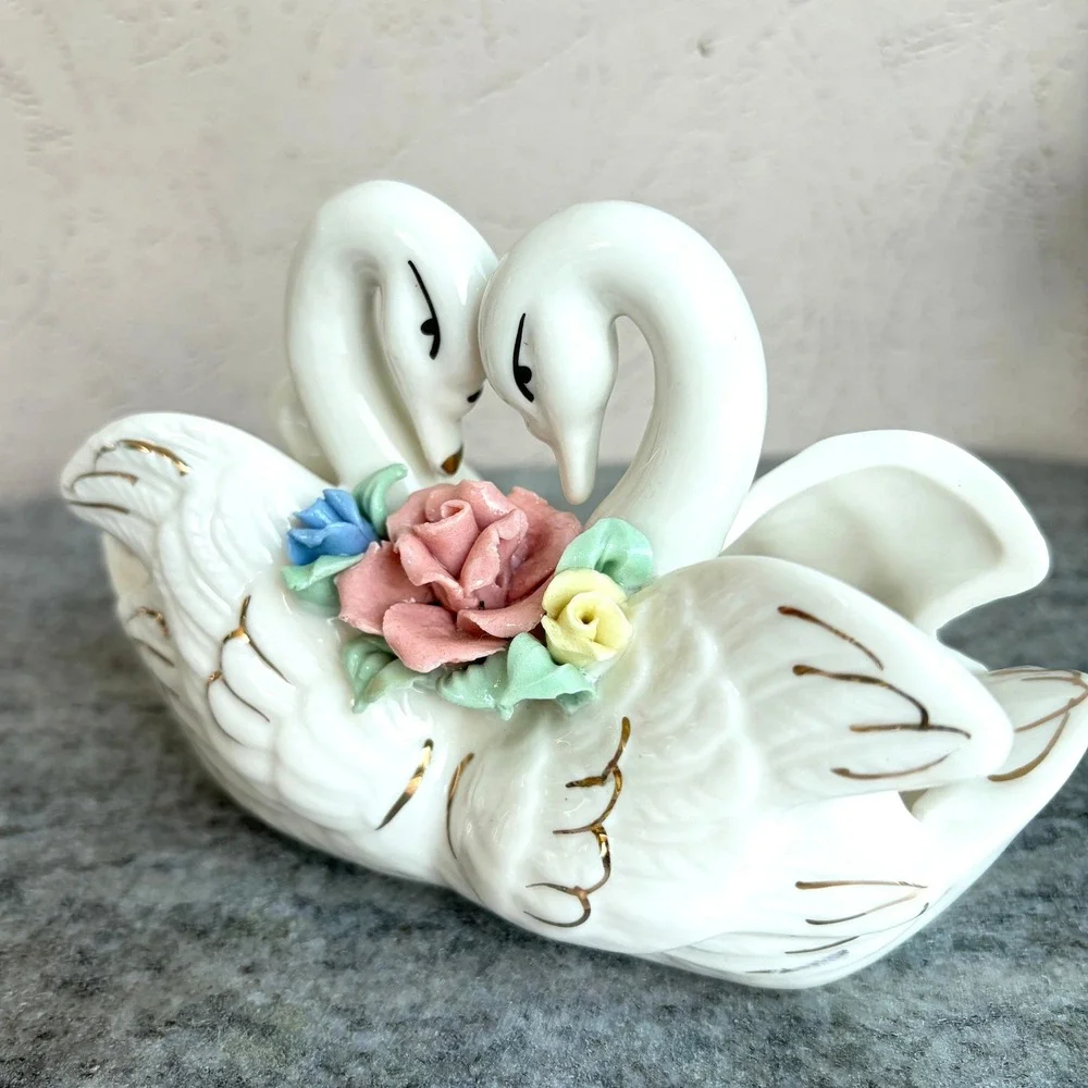 Vintage White Porcelain Double Swan Planter Gold Gilt Ceramic Roses Trinket Dish